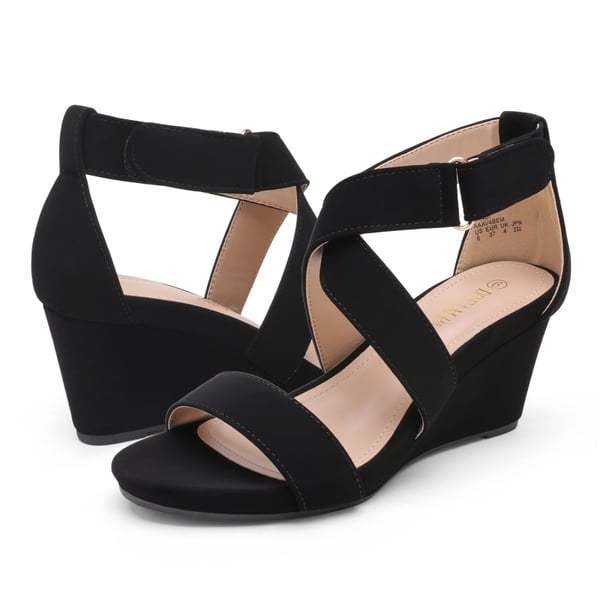 Elastic Ankle Strap Wedge Sandals - BLACK NUBUCK - 4